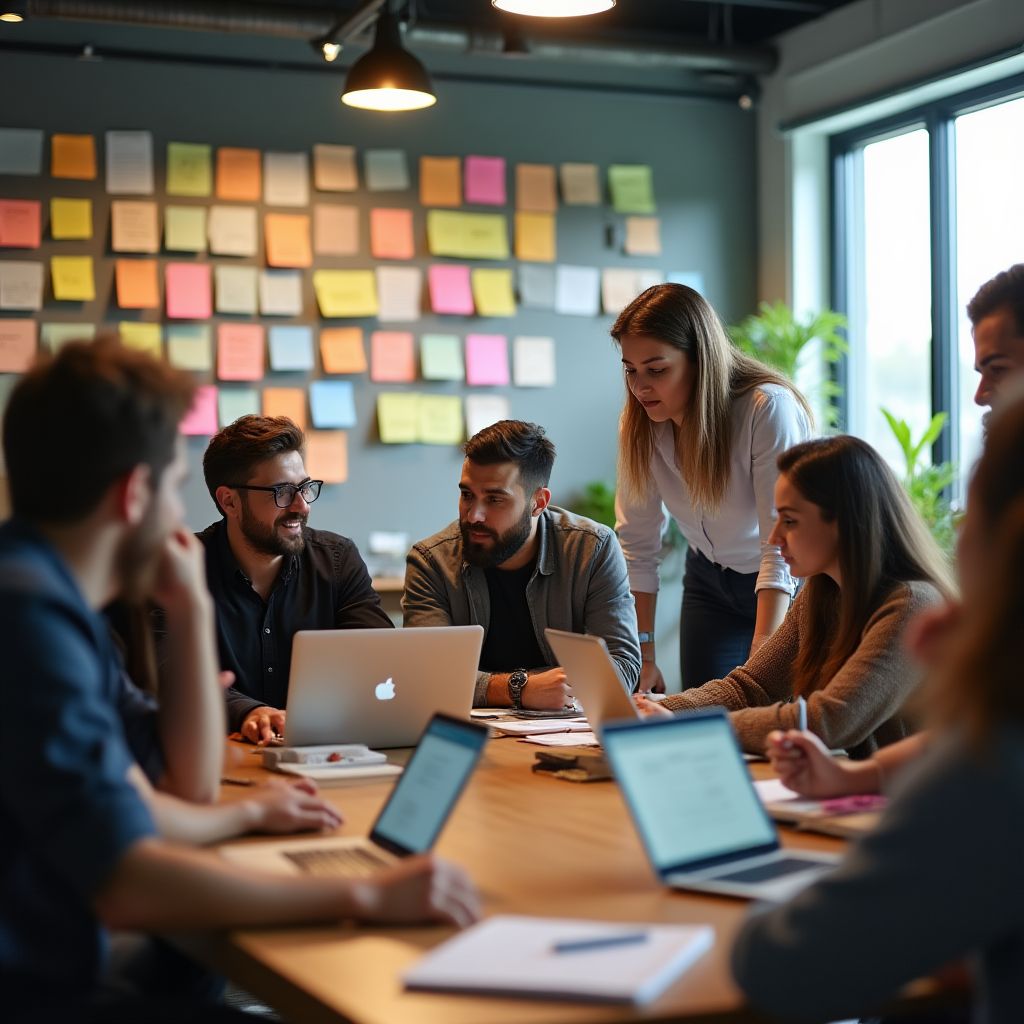 Equipo de TechCorp en una sesión de trabajo colaborativo