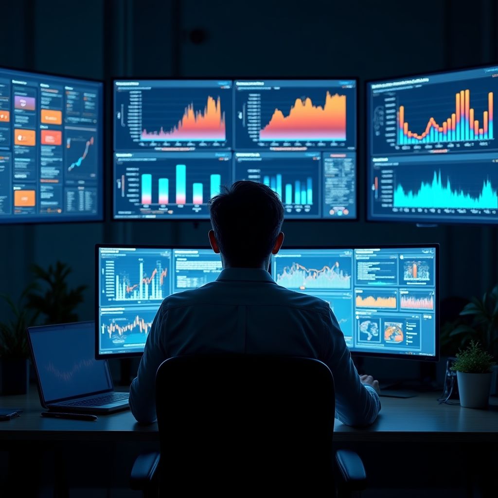 Una persona analizando datos de marketing digital en múltiples pantallas